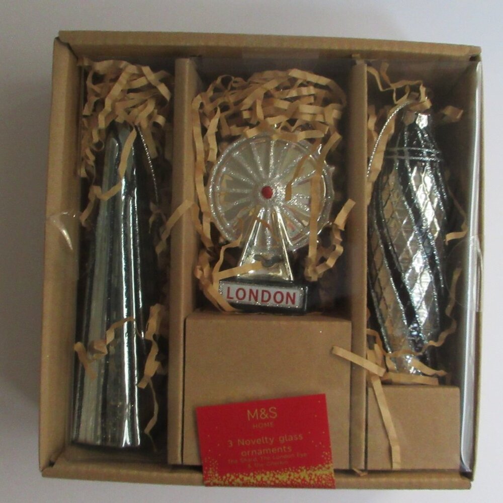 Marks and Spencer M&S Set 3 London Glass Ornaments Shard, Gherkin & London Eye